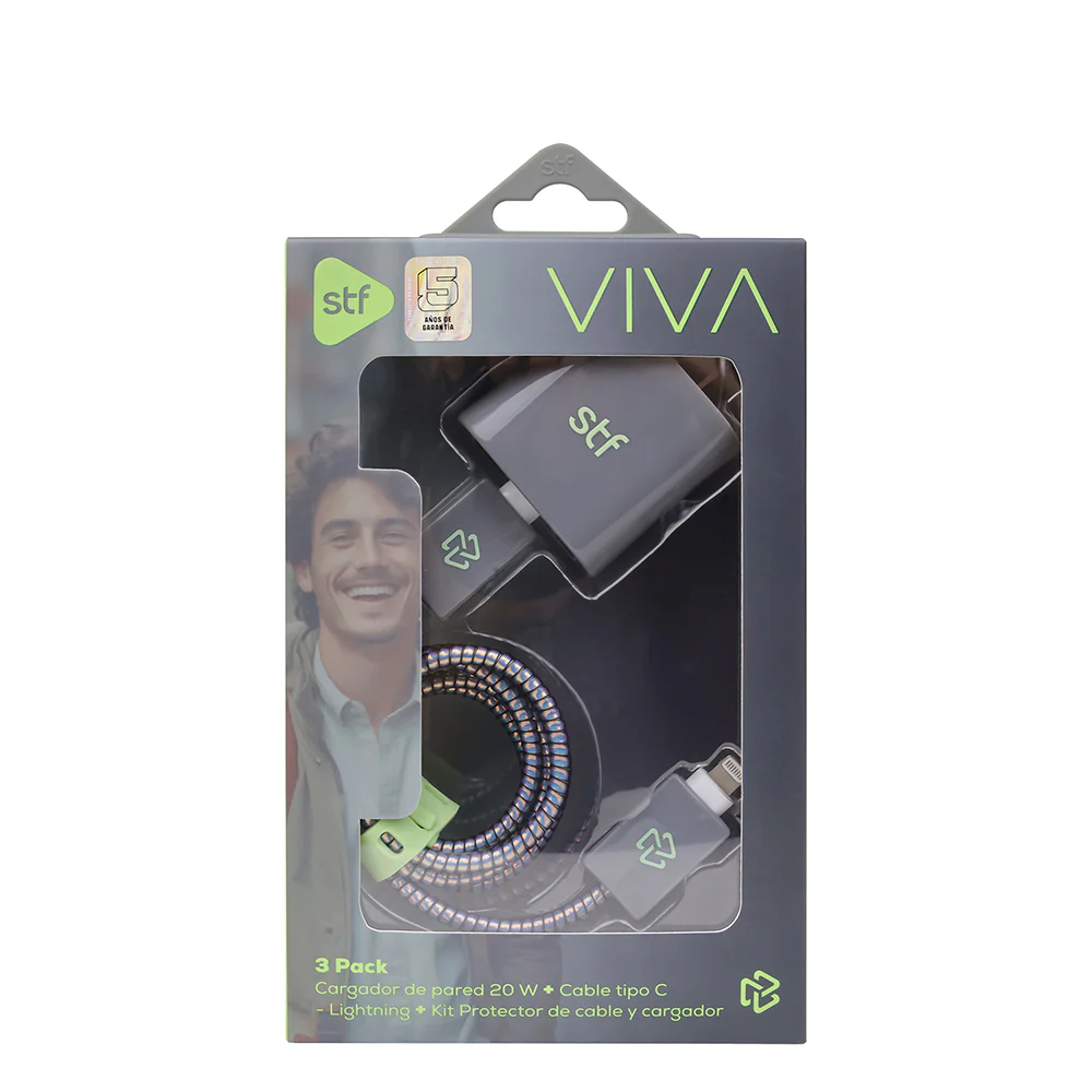 3 Pack Carga Ultra Rápida VIVA STF Cargador 20W + Cable 60 W Tipo C-Lightning + Kit protector Gris - Image 5