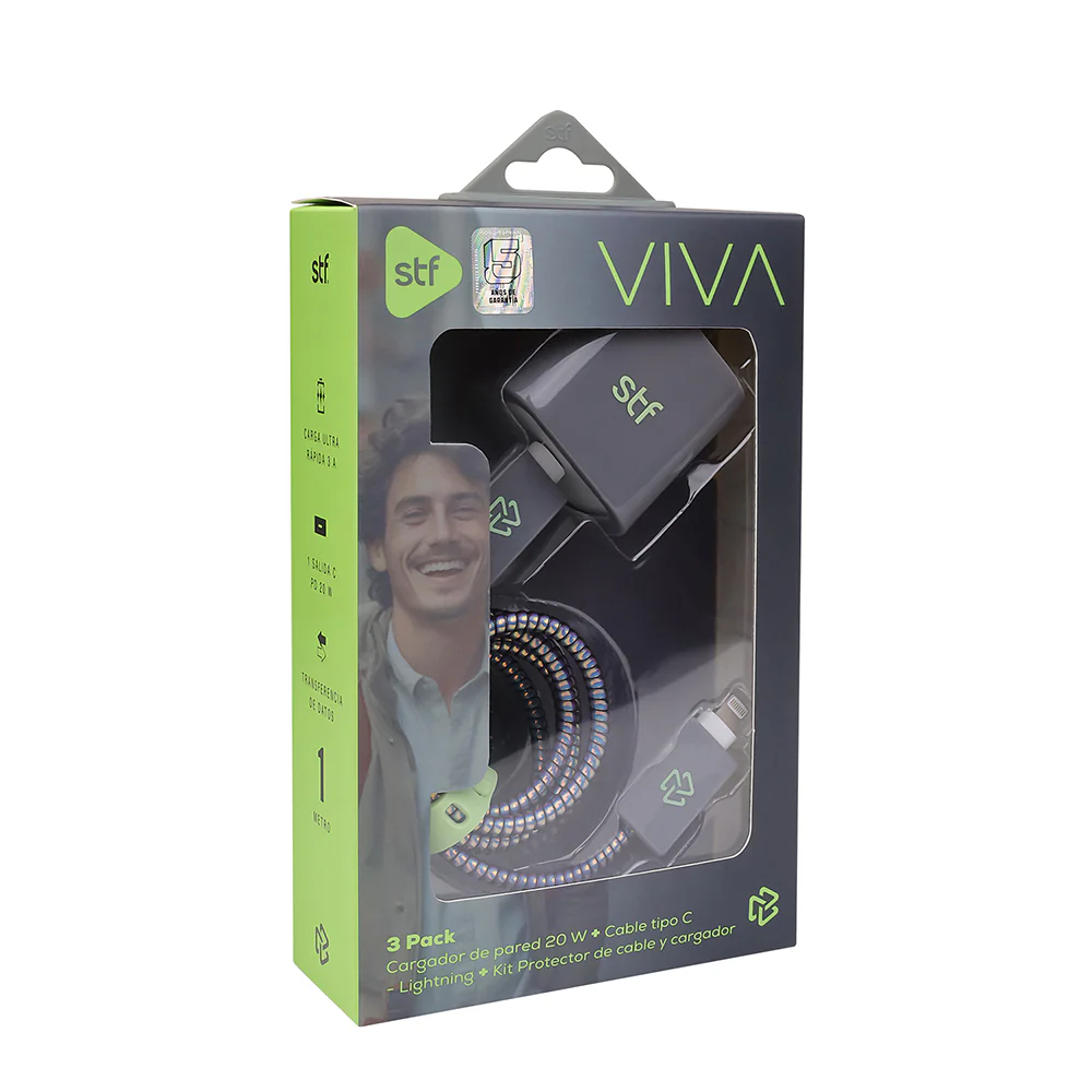 3 Pack Carga Ultra Rápida VIVA STF Cargador 20W + Cable 60 W Tipo C-Lightning + Kit protector Gris - Image 6