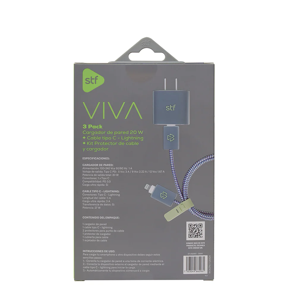 3 Pack Carga Ultra Rápida VIVA STF Cargador 20W + Cable 60 W Tipo C-Lightning + Kit protector Gris - Image 7