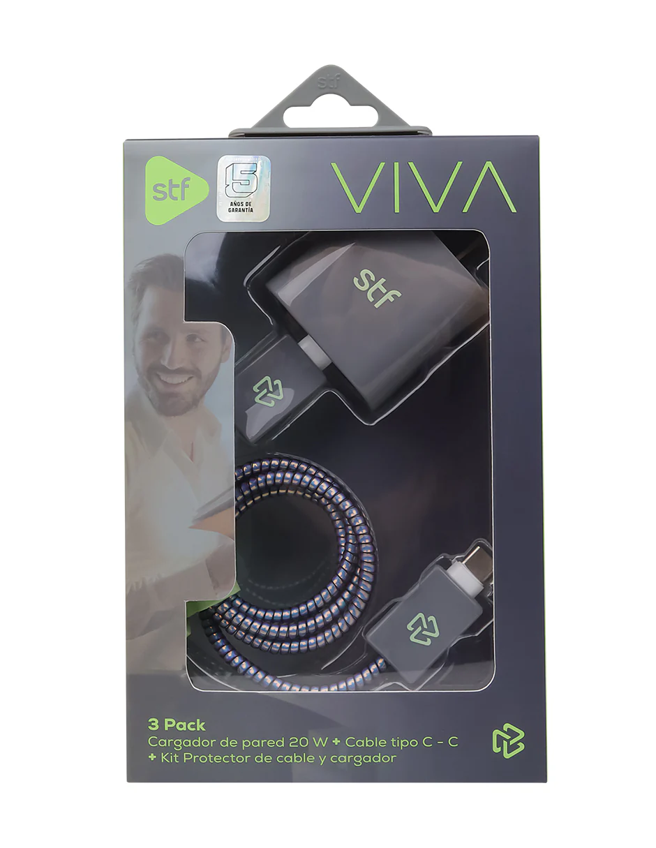 3 Pack Carga Ultra Rápida VIVA STF Cargador 20W + Cable 60 W Tipo C-Tipo C + Kit protector Gris - Image 5