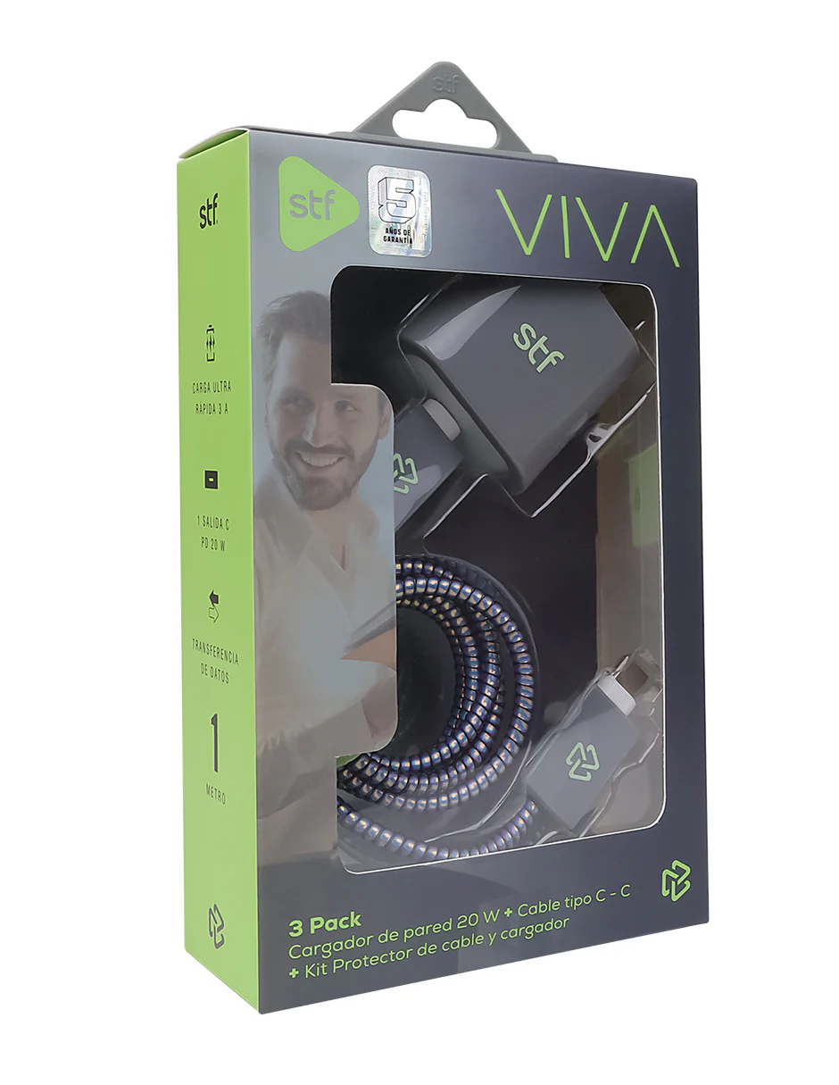 3 Pack Carga Ultra Rápida VIVA STF Cargador 20W + Cable 60 W Tipo C-Tipo C + Kit protector Gris - Image 6