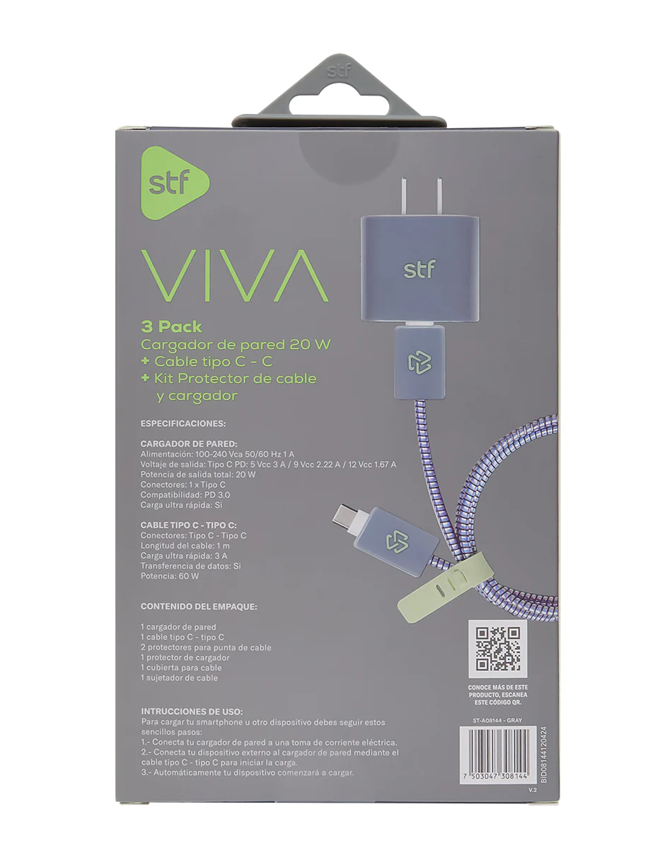 3 Pack Carga Ultra Rápida VIVA STF Cargador 20W + Cable 60 W Tipo C-Tipo C + Kit protector Gris - Image 7