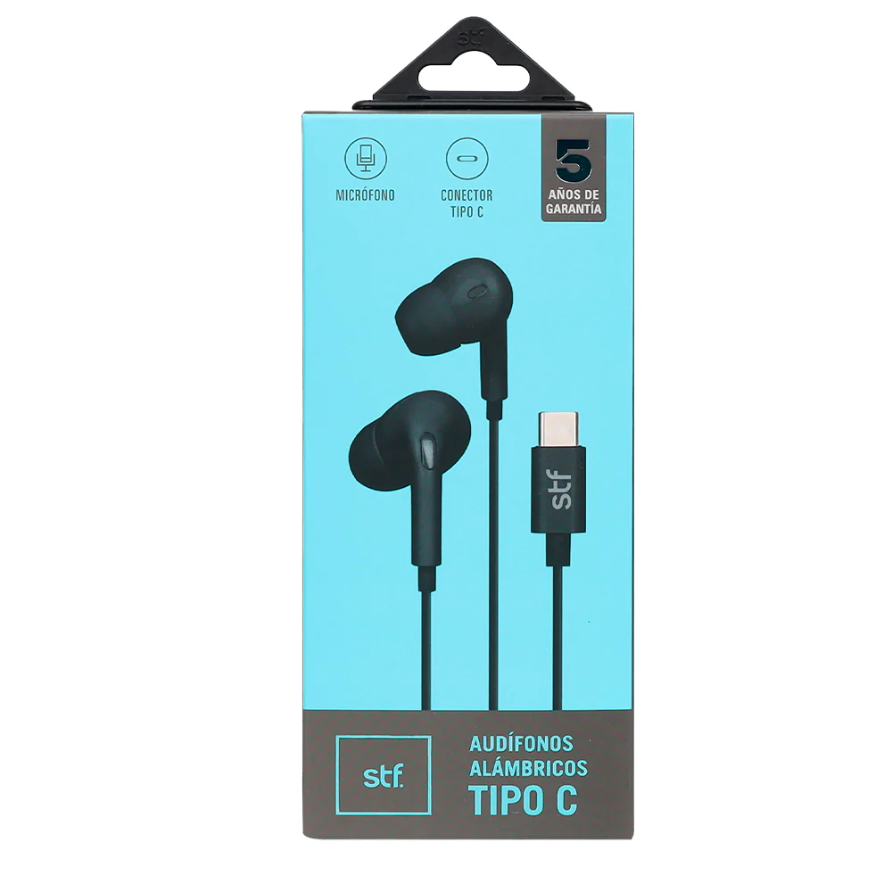Audífonos alámbricos In ear STF Tipo C, Manos libres con micrófono, Negro - Image 3