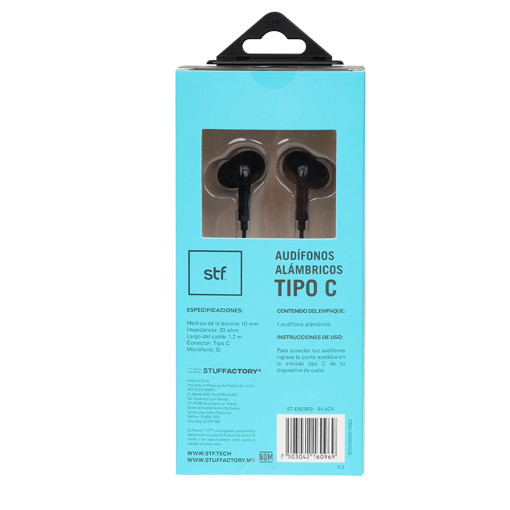 Audífonos alámbricos In ear STF Tipo C, Manos libres con micrófono, Negro - Image 4