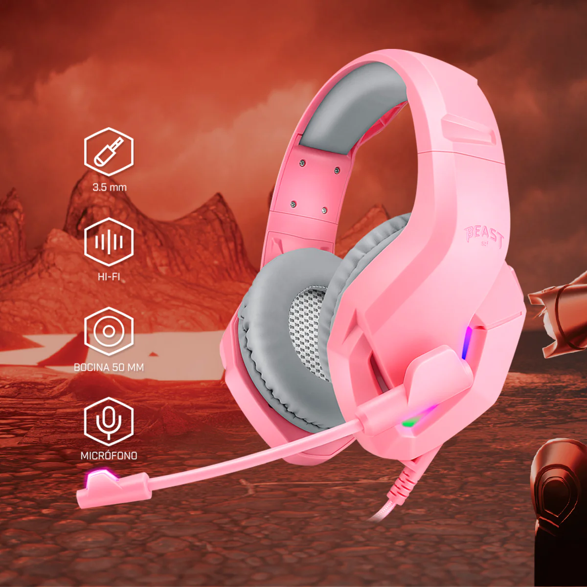 Audífonos Alámbricos Gamer On ear Beast STF Muspell Tournament Hi-Fi, 3.5 mm, Rosa - Image 7