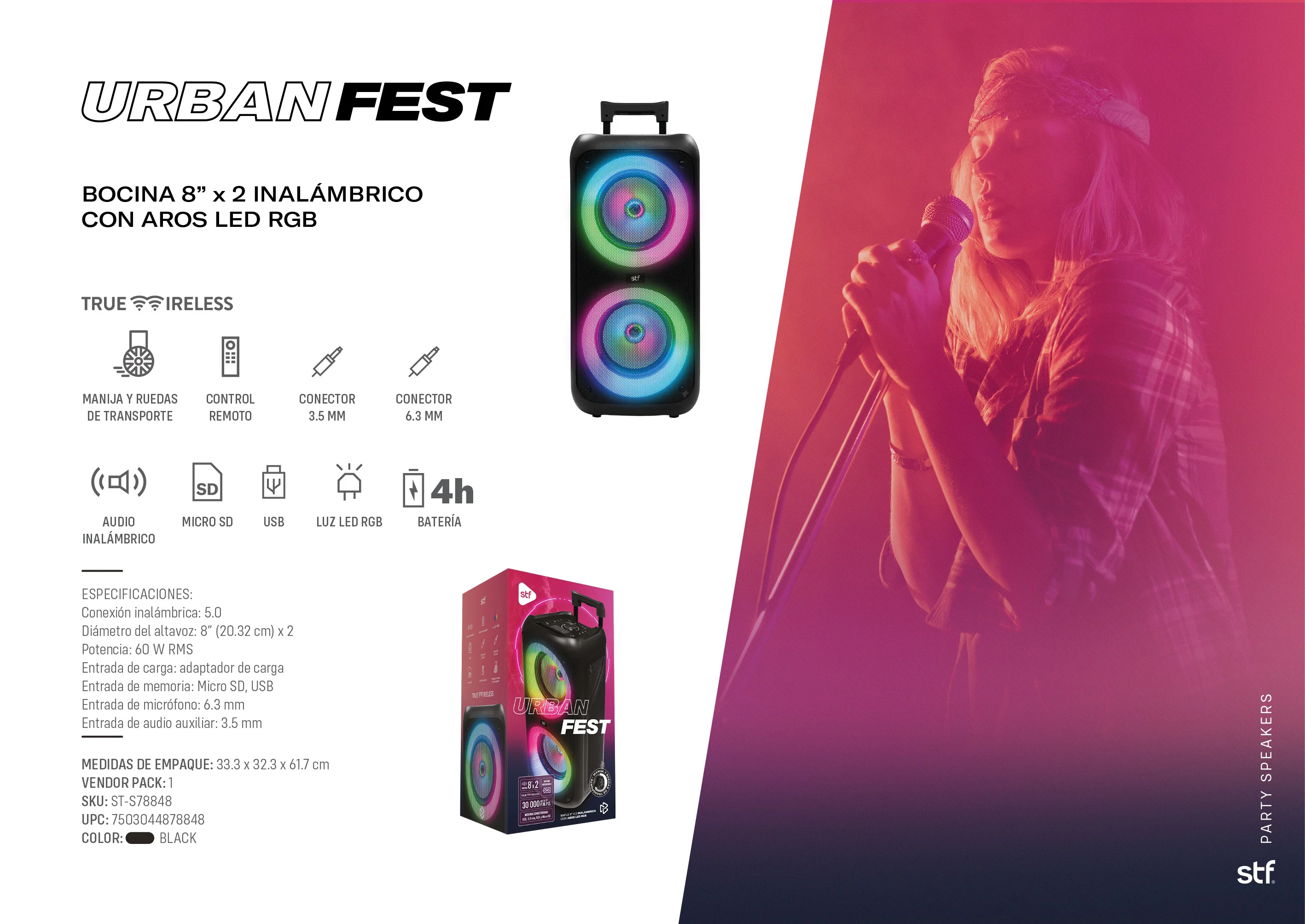 Bafle Bocina Portatil Urban Fest 8x2 STF 60W, 4 hrs - Image 3