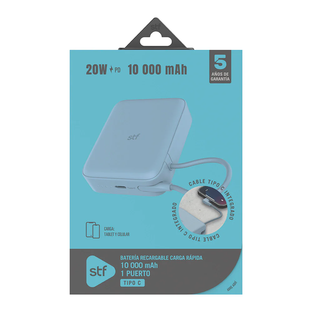 Batería Portátil Power Bank STF 10000 mAh 20W PD Cable tipo C integrado Azul - Image 4