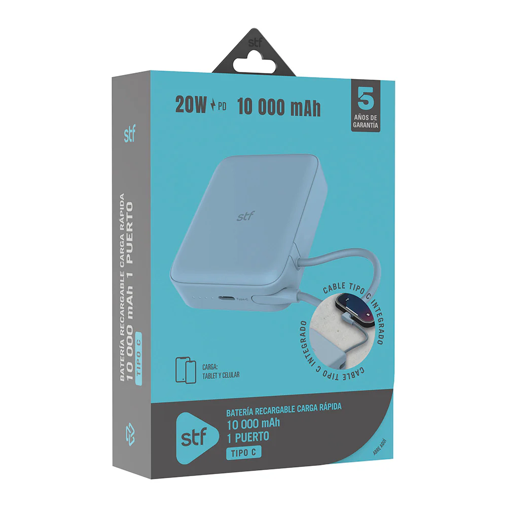 Batería Portátil Power Bank STF 10000 mAh 20W PD Cable tipo C integrado Azul - Image 7