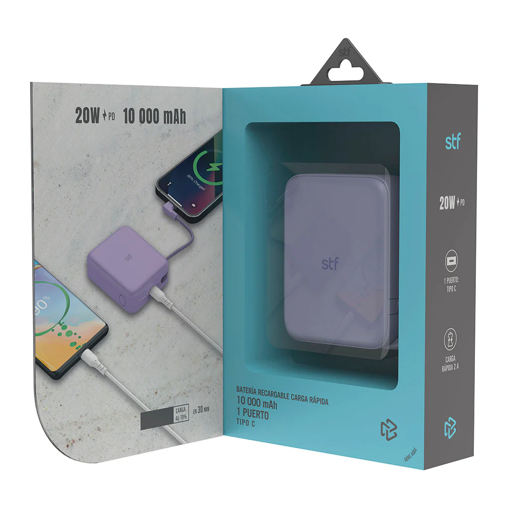 Batería Portátil Power Bank STF 10000 mAh 20W PD Cable tipo C integrado Lila - Image 5