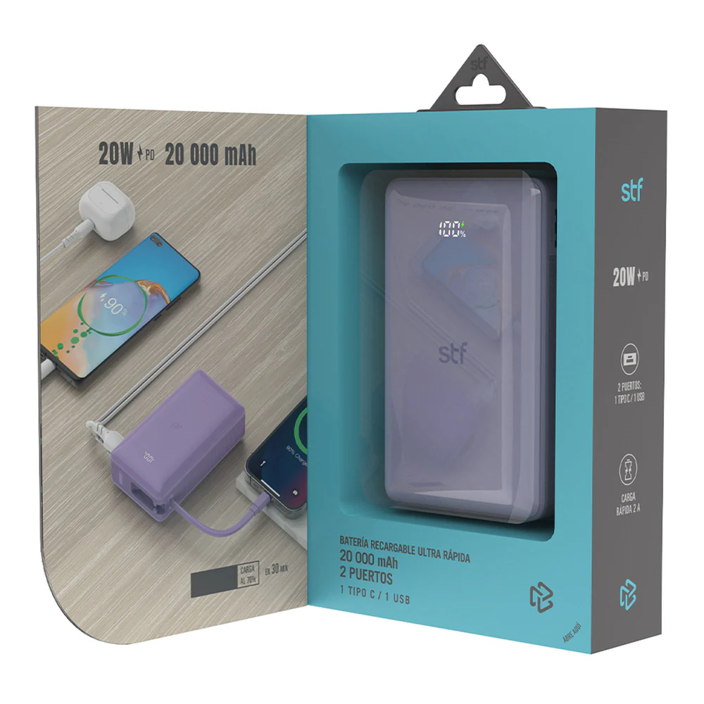 Batería Portátil Power Bank STF 20000 mAh 20W PD Cable tipo C Lila - Image 4
