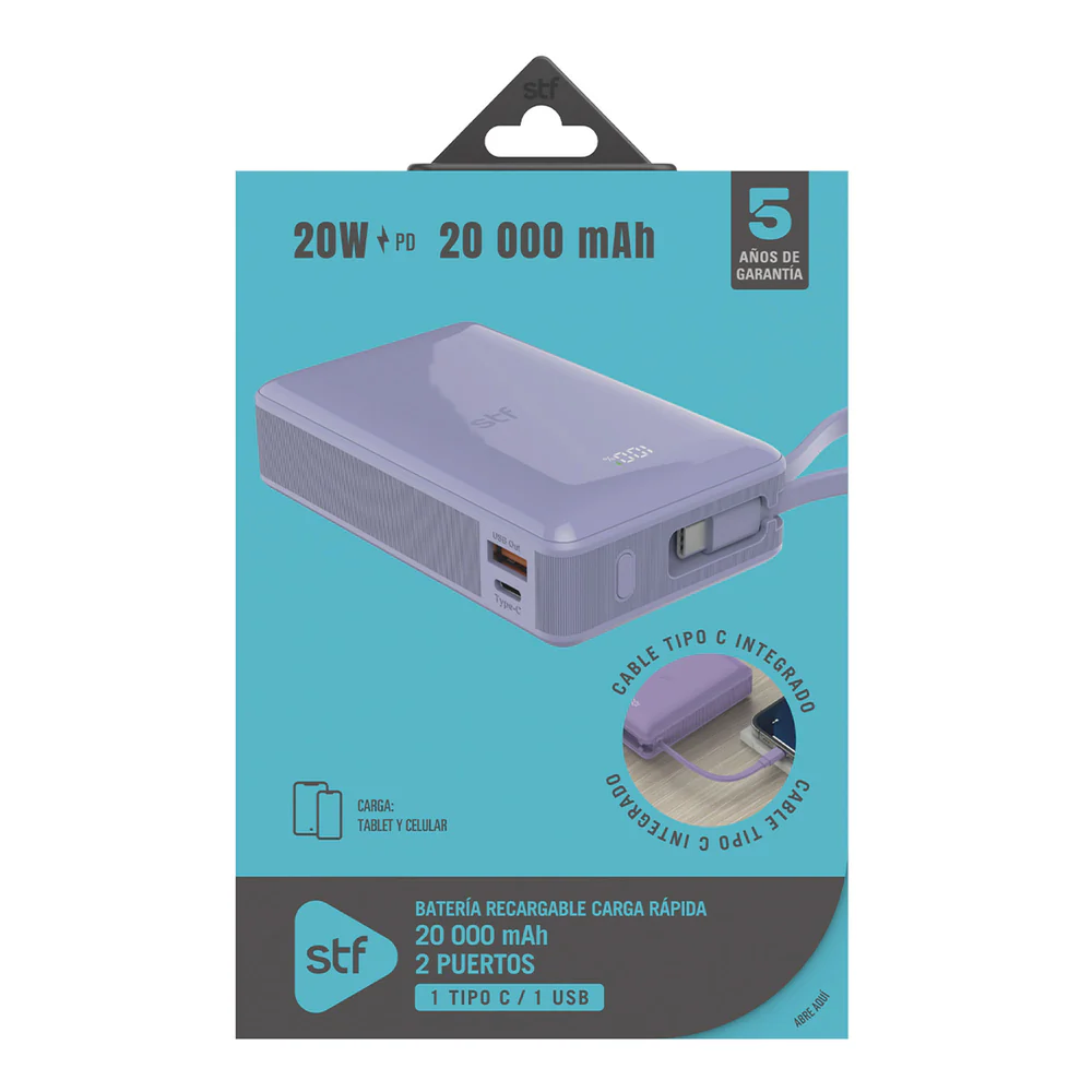 Batería Portátil Power Bank STF 20000 mAh 20W PD Cable tipo C Lila - Image 5