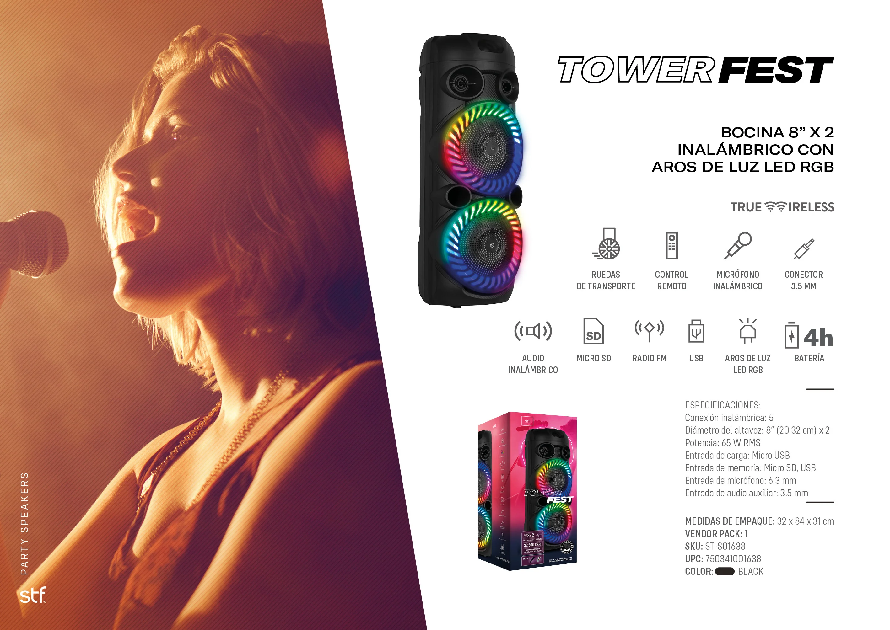 Bocina Portatil Tower Fest STF 65W 4hrs Uso Funcion Tws - Image 3
