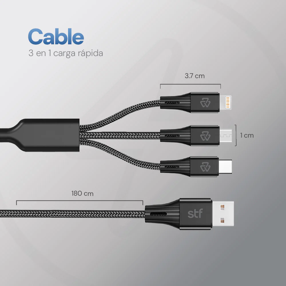 Cable 3 en 1 STF USB a Micro USB/Tipo C/Lightning Carga Rápida 2A 1.8m - Image 2