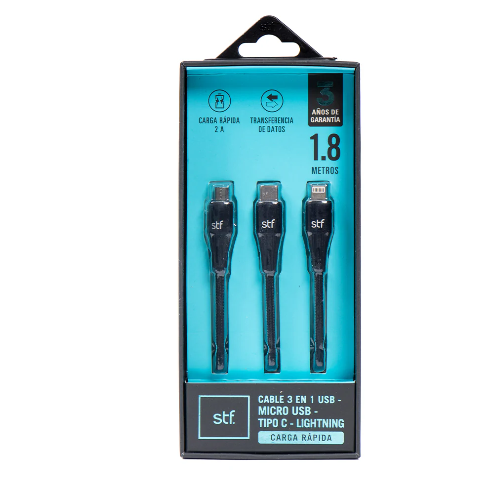 Cable 3 en 1 STF USB a Micro USB/Tipo C/Lightning Carga Rápida 2A 1.8m - Image 5
