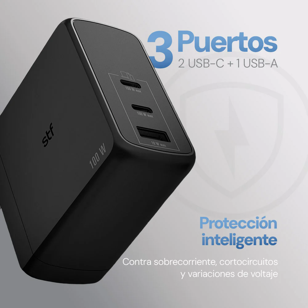 Cargador Pared STF GaN 100W 3 Puertos Tipo C Dual + USB Carga Ultra Rápida - Image 6