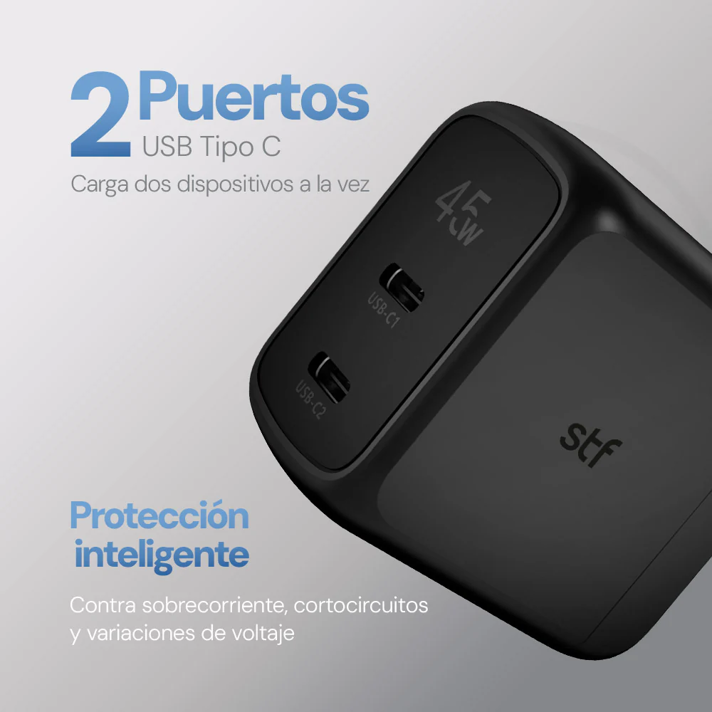 Cargador Pared STF GaN 45W Dual Tipo C Carga Ultra Rápida Enchufe Plegable - Image 5