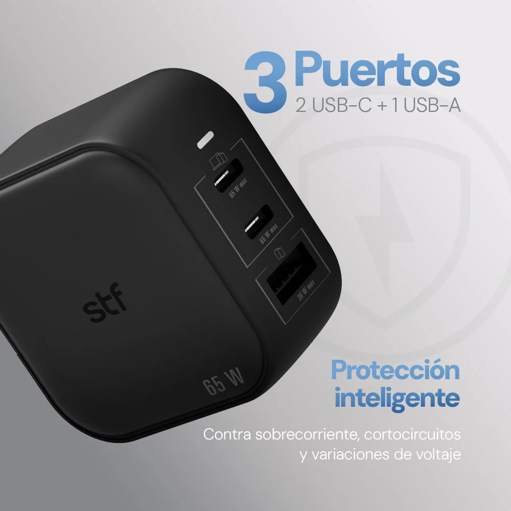 Cargador Pared STF GaN 65W 3 Salidas + Adaptadores UK/EU/AU Carga Ultra Rápida - Image 5