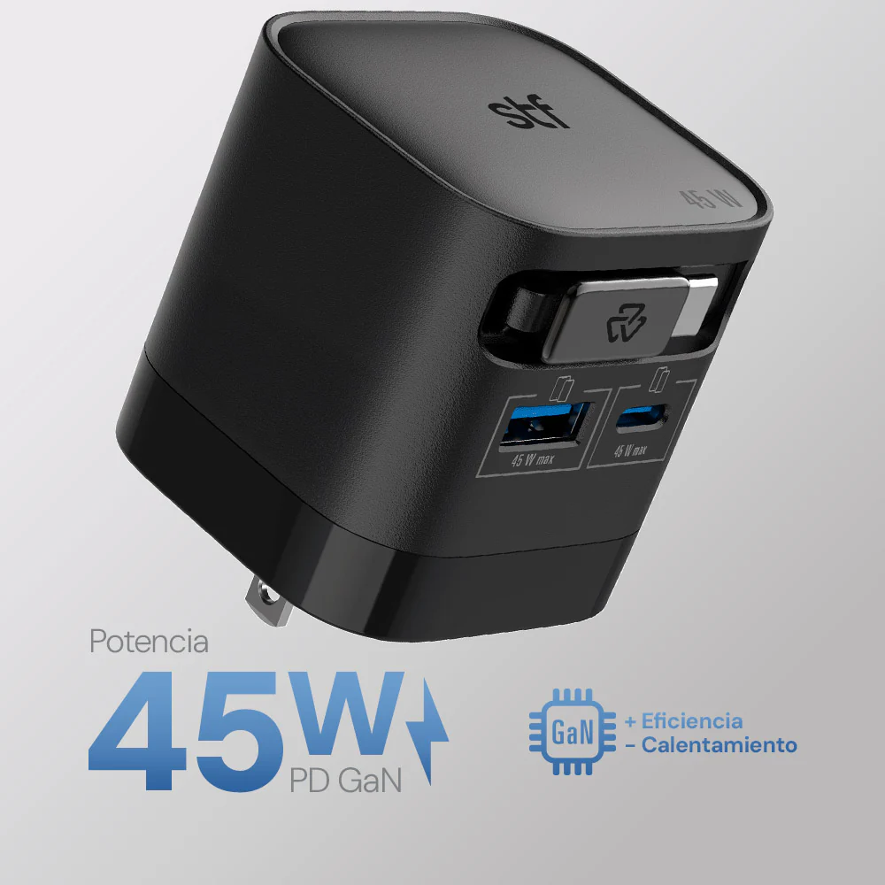 Cargador rápido Retráctil STF 45W, Tecnología GaN, Cable Tipo C