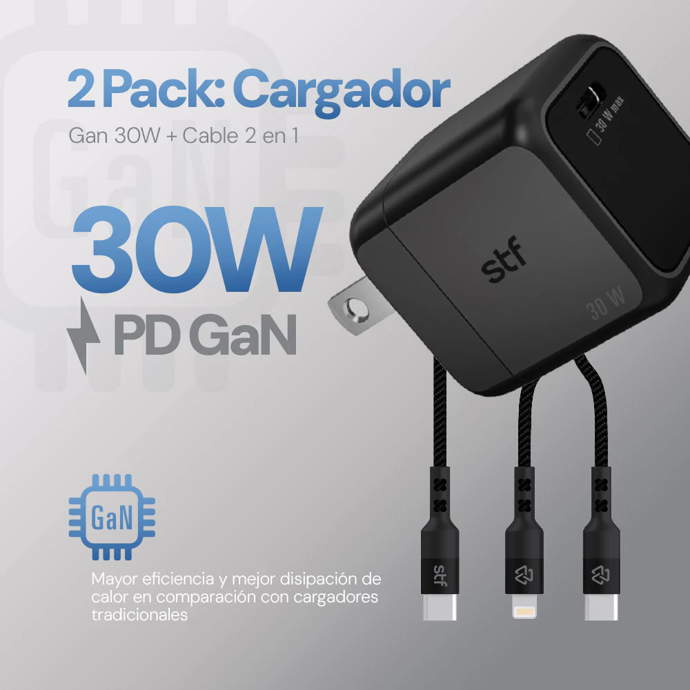 2 Pack Cargador STF GaN 30W + Cable Tipo C/Lightning Carga Rápida PD