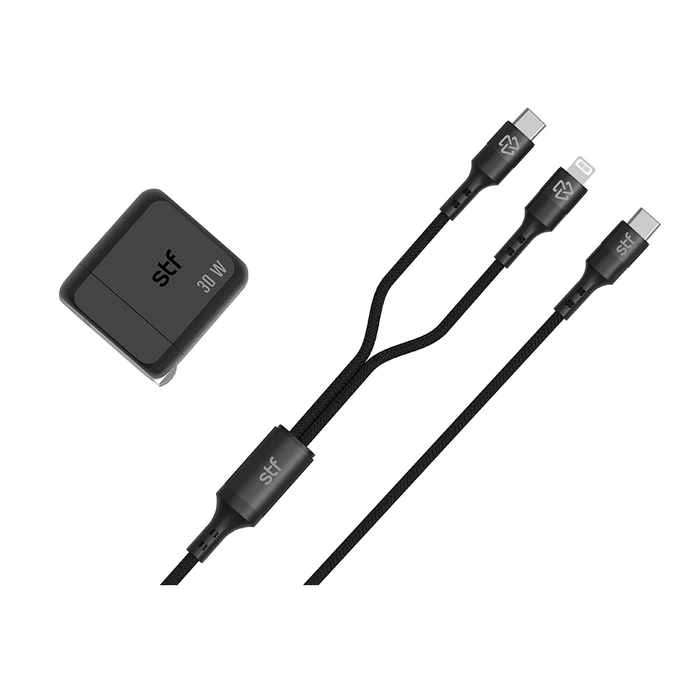 2 Pack Cargador STF GaN 30W + Cable Tipo C/Lightning Carga Rápida PD - Image 2