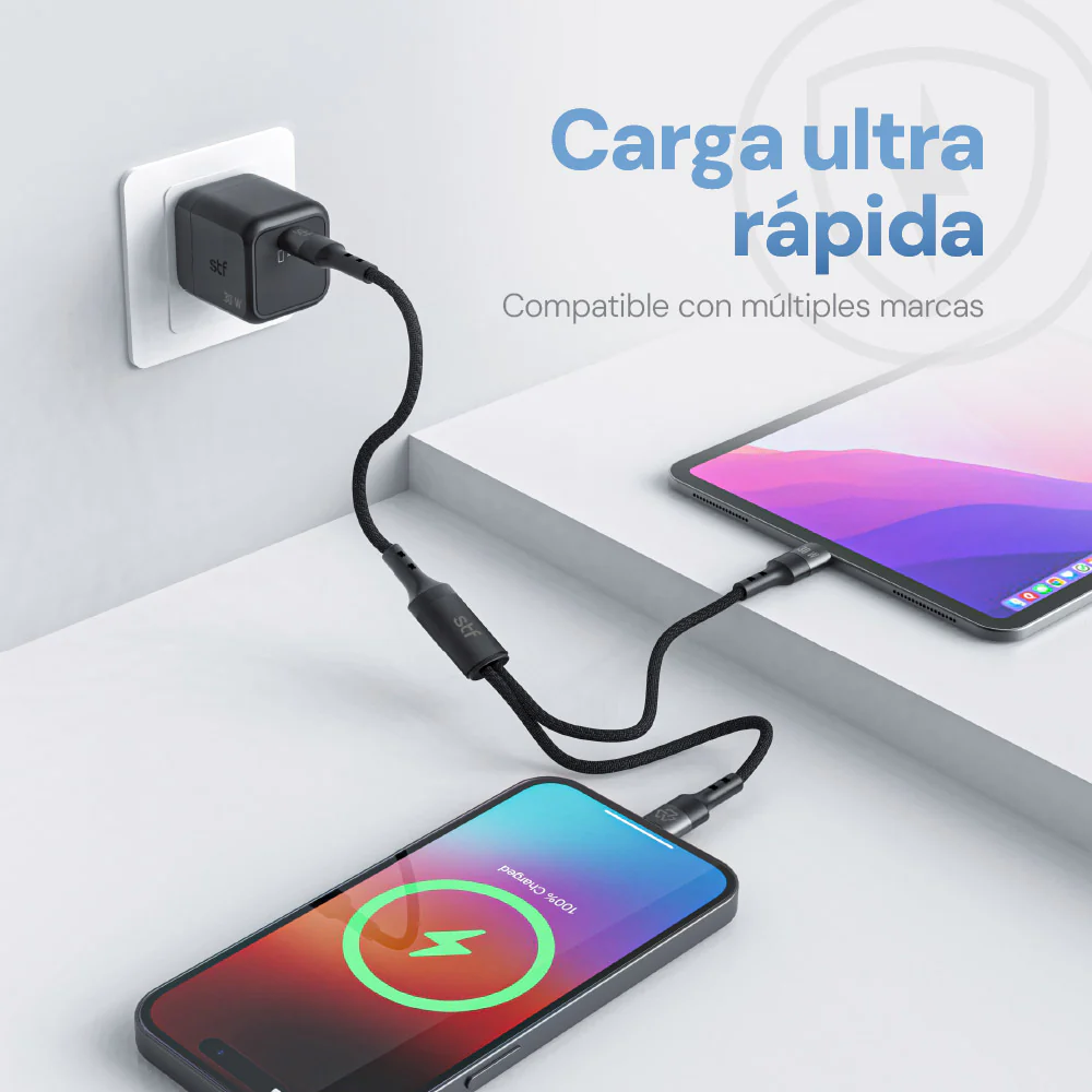 2 Pack Cargador STF GaN 30W + Cable Tipo C/Lightning Carga Rápida PD - Image 3