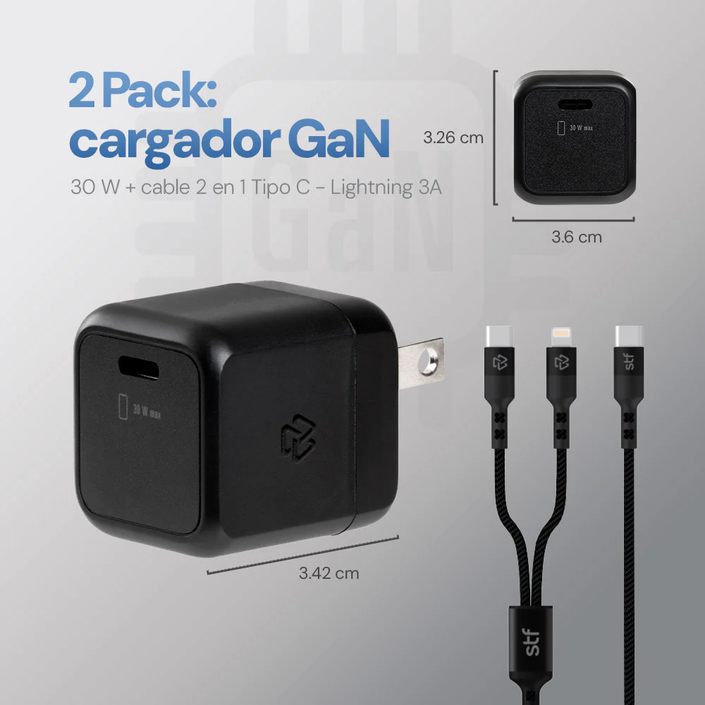 2 Pack Cargador STF GaN 30W + Cable Tipo C/Lightning Carga Rápida PD - Image 8